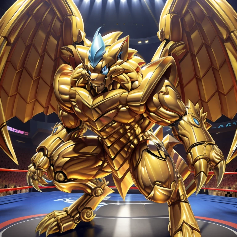 (zeraora, 8K), (zeraora's giant robot, Powered exoskeleton with the same design as zeraora), (Masterpiece, highres) (Detailed head, Detailed Body, Detailed abs, full body) (gigantic muscles, Gigachad Muscular, big muscle, pecs, triceps, traps, unusually developed muscular body, body full of huge muscles. showing off muscles, pectorales enormes, Exaggeratedly huge muscles.) (nj5furry, The claws are sharp, Sharp teeth, sharp claws), (long legs), (Spread wings, It has wings, have big wings, golden wings), (Wrestling, wrestler, the bodybuilding), (It has wings, whole body shines like metal, Wearing cyberpunk mecha, emphasizes the muscles, suit fully made of metal, intricate armor, Robotic suit, suit fully made of metal, cyborg), menacing pose, The whole body is golden. no face. BULK UP. The whole body is golden. wearing a full-face helmet. no blue. no red. A pose that shows off your muscles. no face. He is wearing sunglasses. The face is hidden inside the helmet and cannot be seen.