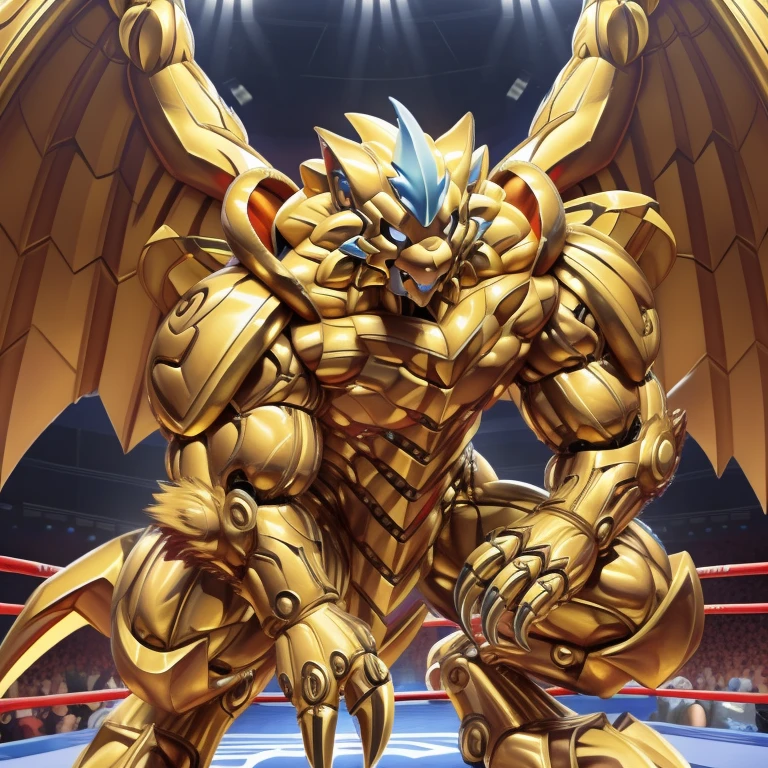 (zeraora, 8K), (zeraora's giant robot, Powered exoskeleton with the same design as zeraora), (Masterpiece, highres) (Detailed head, Detailed Body, Detailed abs, full body) (gigantic muscles, Gigachad Muscular, big muscle, pecs, triceps, traps, unusually developed muscular body, body full of huge muscles. showing off muscles, pectorales enormes, Exaggeratedly huge muscles.) (nj5furry, The claws are sharp, Sharp teeth, sharp claws), (long legs), (Spread wings, It has wings, have big wings, golden wings), (Wrestling, wrestler, the bodybuilding), (It has wings, whole body shines like metal, Wearing cyberpunk mecha, emphasizes the muscles, suit fully made of metal, intricate armor, Robotic suit, suit fully made of metal, cyborg), menacing pose, The whole body is golden. no face. BULK UP. The whole body is golden. wearing a full-face helmet. no blue. no red. A pose that shows off your muscles. no face. He is wearing sunglasses. The face is hidden inside the helmet and cannot be seen.