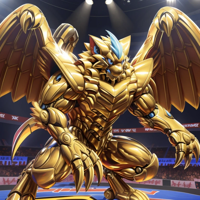 (zeraora, 8K), (zeraora's giant robot, Powered exoskeleton with the same design as zeraora), (Masterpiece, highres) (Detailed head, Detailed Body, Detailed abs, full body) (gigantic muscles, Gigachad Muscular, big muscle, pecs, triceps, traps, unusually developed muscular body, body full of huge muscles. showing off muscles, pectorales enormes, Exaggeratedly huge muscles.) (nj5furry, The claws are sharp, Sharp teeth, sharp claws), (long legs), (Spread wings, It has wings, have big wings, golden wings), (Wrestling, wrestler, the bodybuilding), (It has wings, whole body shines like metal, Wearing cyberpunk mecha, emphasizes the muscles, suit fully made of metal, intricate armor, Robotic suit, suit fully made of metal, cyborg), menacing pose, The whole body is golden. no face. BULK UP. The whole body is golden. wearing a full-face helmet. no blue. no red. A pose that shows off your muscles. no face. He is wearing sunglasses. The face is hidden inside the helmet and cannot be seen.