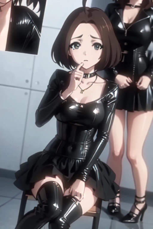 Ricamakiba ,  colleague savings ,  Short Hair ,  brown hair, a gift, (black eyes:1.5), ahoge, hair a gift,
BREAK latex,  up to thighs  , long sleeves,  black latex dress , seraph, necklace, black  up to thighs  ,  black latex skirt , collar, zettai 료iki, black seraph, shoes heels,
BREAK indoors, Class,
BREAK looking at viewer, ( cowboy shot:1.5),
BREAK (masterpiece:1.2),  Best quality ,   High definition, обои unity 8k, ( illustration:0.8), (  Beautiful detailed eyes  :1.6),  extremely detailed face,  perfect lighting ,  extremely detailed CG , (perfect hands, Perfect Anatomy),  full height, sexy pose sitting,