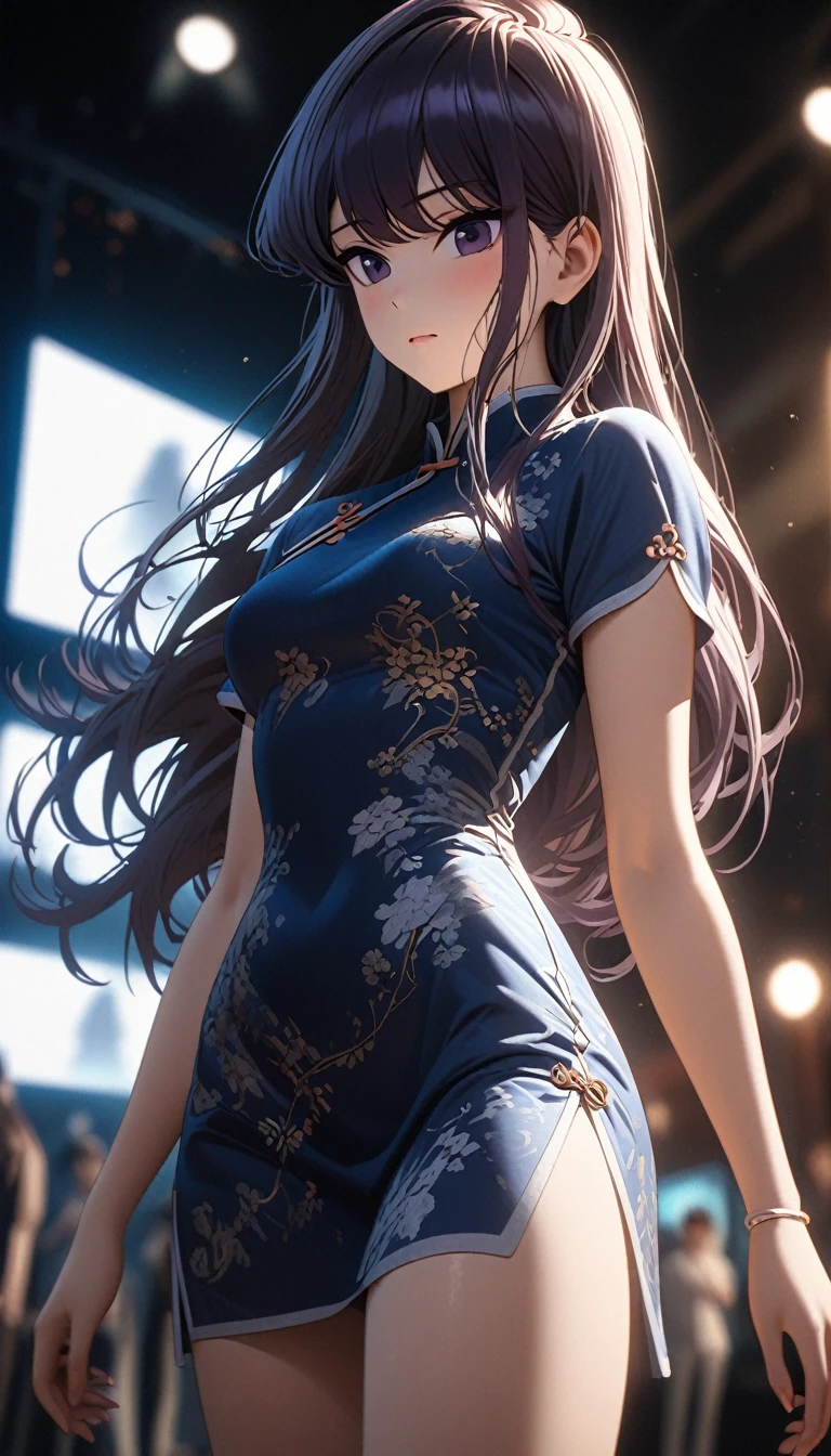 Cheongsam girl，Komi Shouko， long hair，pure white background，depth of field，low angle view，calf level view，Overclocked renderer，movie lighting，Ultra-fine，super detailed，complicated，cinematic perspective，CG art，