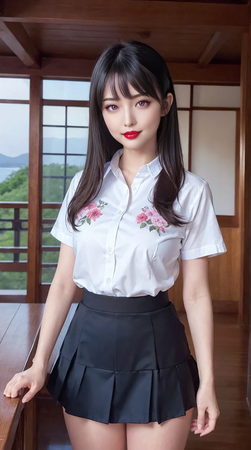 masterpiece , Highest quality , Very detailed , 1 person, ((Contrasting Eyes)) , Are standing , blouse, skirt , bangs , room , indoor