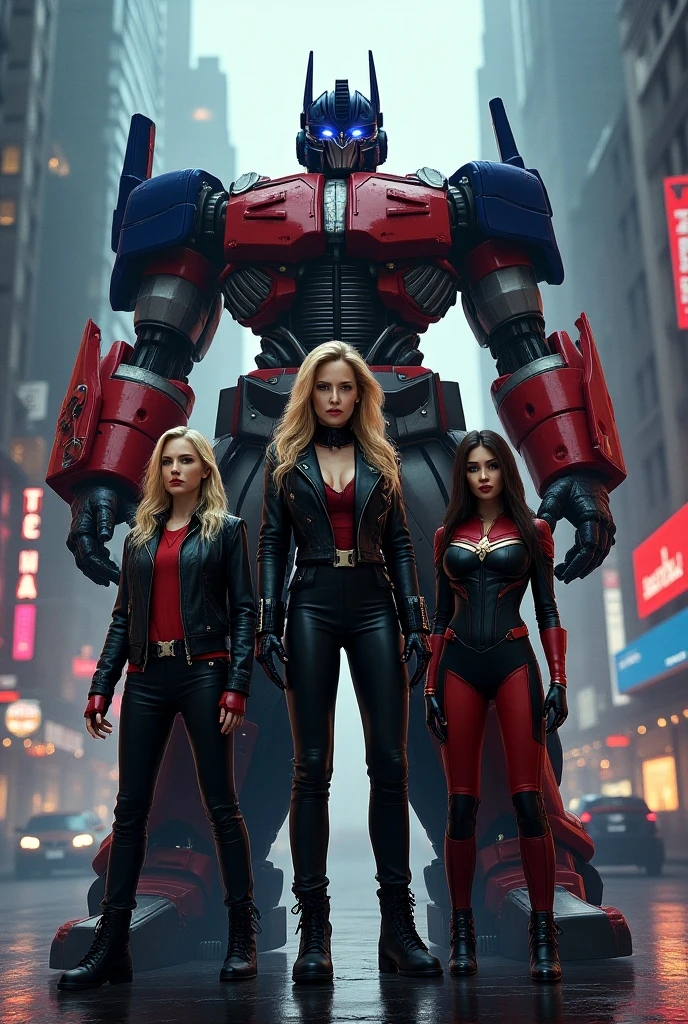 a highly detailed portrait of Optimus Prime, a large mechanical robot with a heroic and powerful appearance, surrounded by 4 young girl family members, all rendered in a highly realistic, photorealistic style with extreme fine details, sharp focus, studio lighting, vivid colors, octane render, cinematic composition, beautiful detailed eyes, beautiful detailed lips, extremely detailed faces and bodies, elegant poses, intricate mechanical details, futuristic sci-fi setting, dramatic lighting, warm color palette