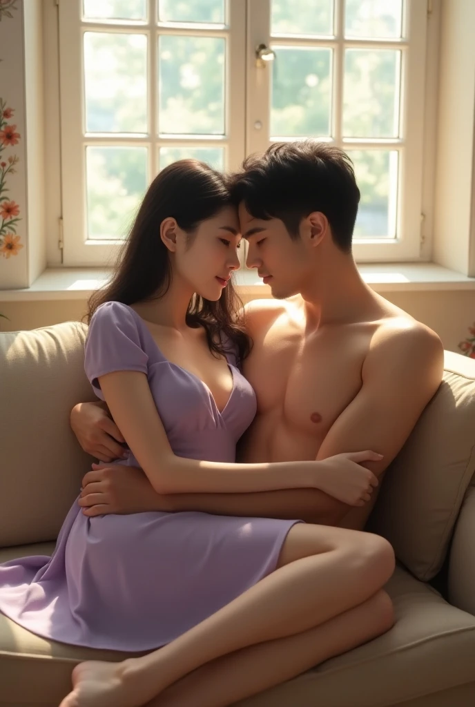 Korean woman in low-cut lavender dress sitting on her Korean boyfriend&#39;s legs