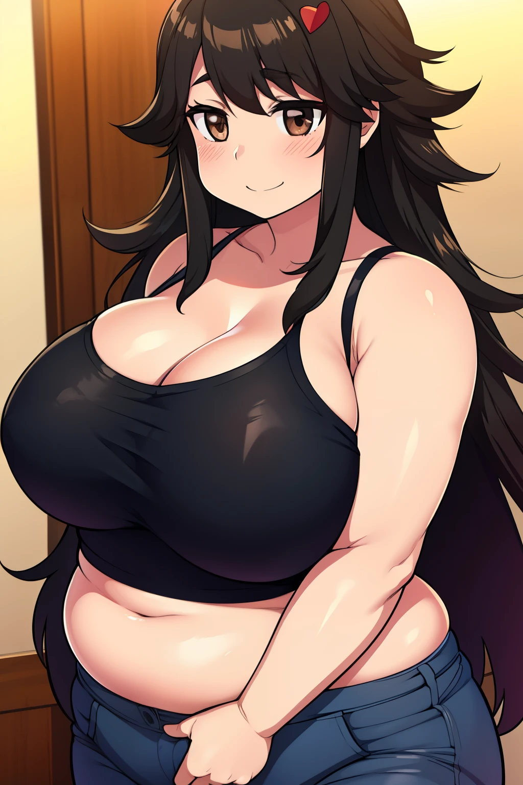 Chubby big boobs black hair brown eyes happy long messy hair blushing smile deredere 