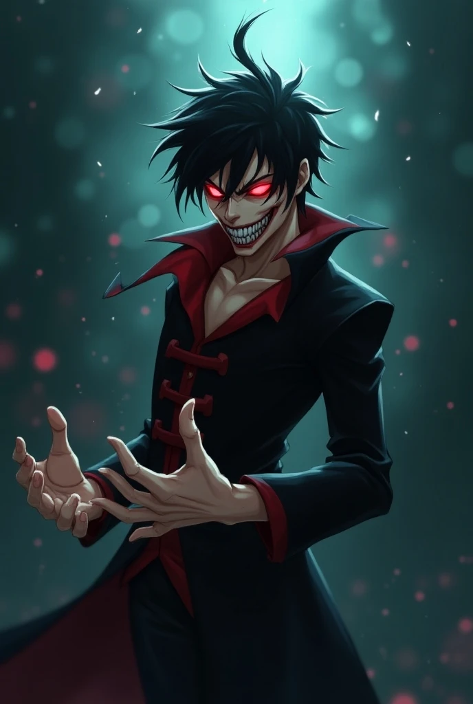 A male teenager he is very handsome he has greenish white skin black eyes with red pupils his body is muscular his hair is black but in the front it is completely white he is wearing a red hooded cloak that has black details of spider webs and a gold chain to hold it he is wearing a dark red shirt with a black jumpsuit his arms and hands are black with gold details on his shoulder he has a little hand and he is eating a Halloween candy and he is at the Halloween festival the image has to be in Anime hot