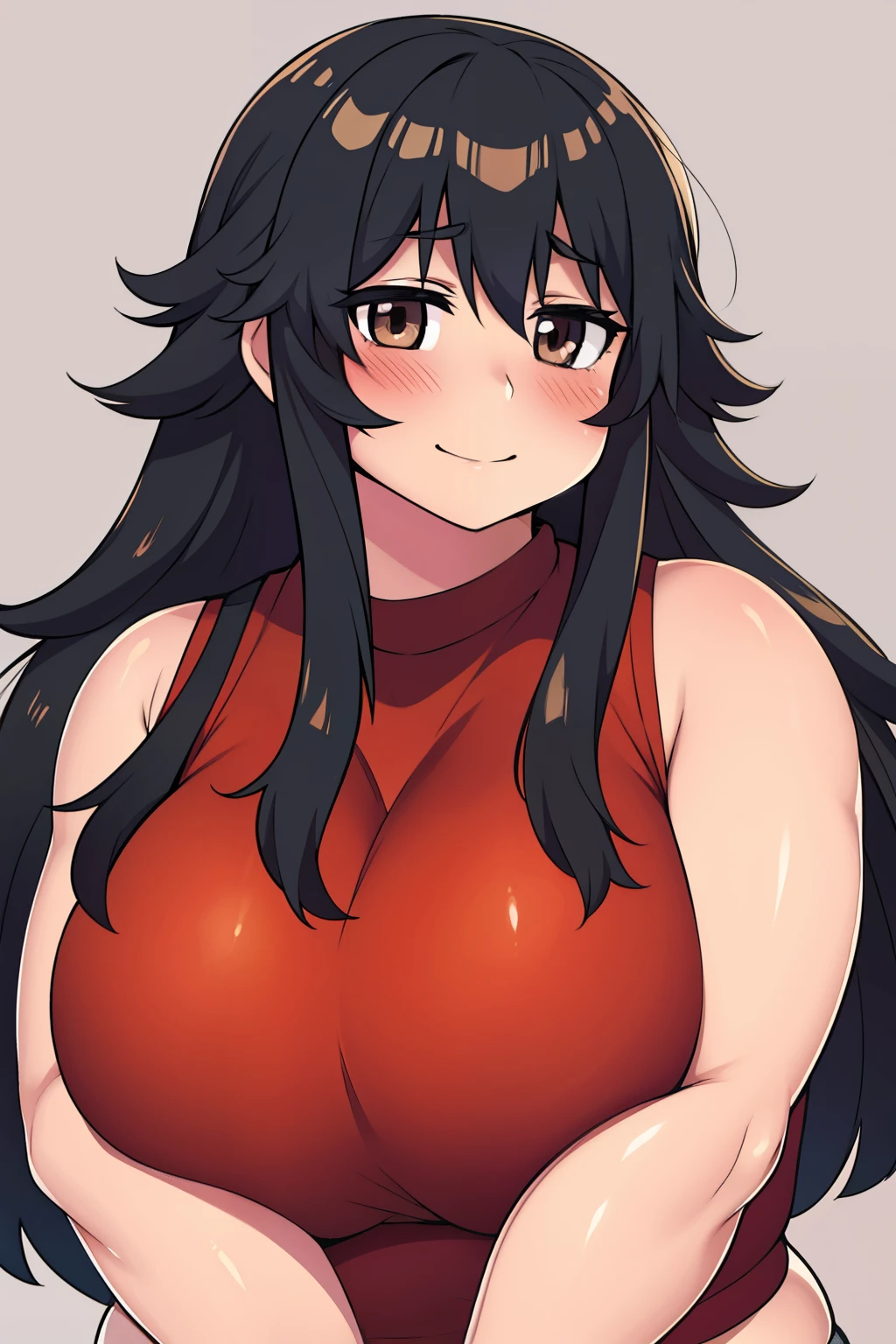 Chubby big boobs black hair brown eyes happy long messy hair blushing smile deredere 