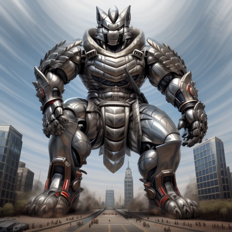 silver samurai. zeraora.
- masterpiece. best quality. full body. 1boy.
- armor suit. (full armor. cyborg. science fiction. combat helmet) 
- dominating silver samurai. silver samurai is over 1000 meters long. focus GIANT mechanical Muscular silver samurai is trampling the city. Looking down. macro. stomp. Low-angle perspective. emphasizing the immense size.
- holding sword. holding katana.
- The Silver Samurai wears a very wide and long silver cloak.
- full body. No face. 
- looking at viewer. 
- GTS. macro. giant. footstomp.