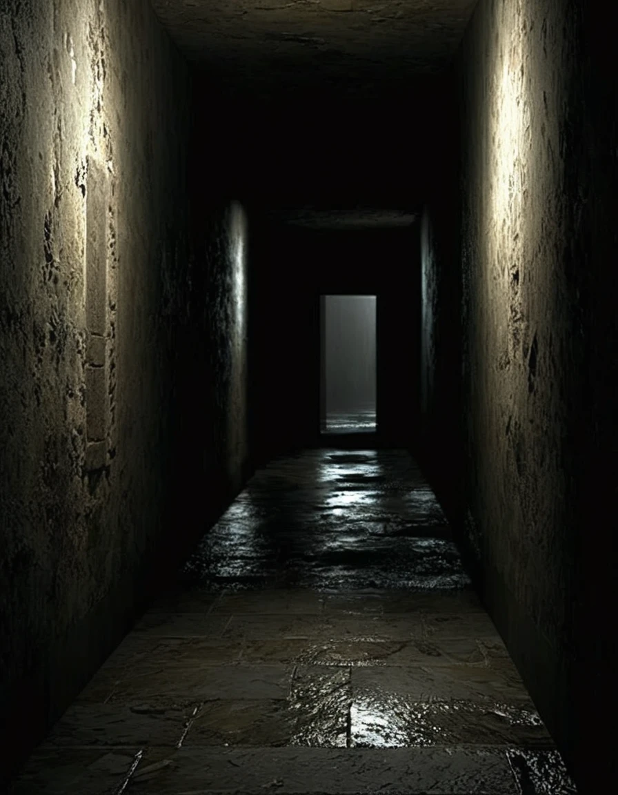 a dimly lit hallway with a stone floor and a stone wall, dark hallway, photorealistic dark concept art, long dark hallway, dark scene with dim light, dark abandoned hallway at night, creepy liminal interior of re7, dark cinematic lighting, shadow cast of dark corridor, walks down dark hallway, creepy background, atmospheric establishing shot, gloomy cinematic lighting