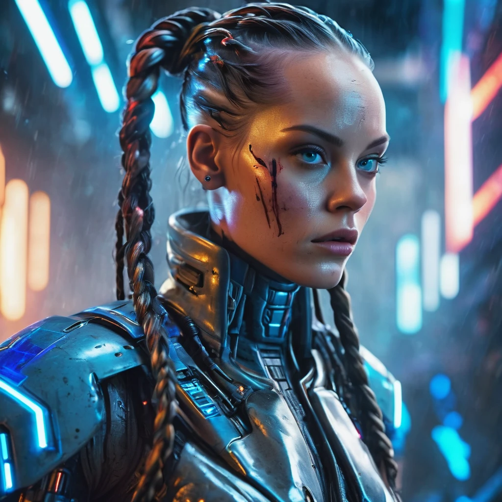 1girl, long braided hair, battle cyber droid, looking at viewer, bloody space battle, in space, blue lasers, shooting at enemy, detailed eyes, detailed lips, extremely detailed face, cinematic lighting, dramatic atmosphere, vibrant colors, sci-fi, concept art, photorealistic, 8k, ultra-detailed