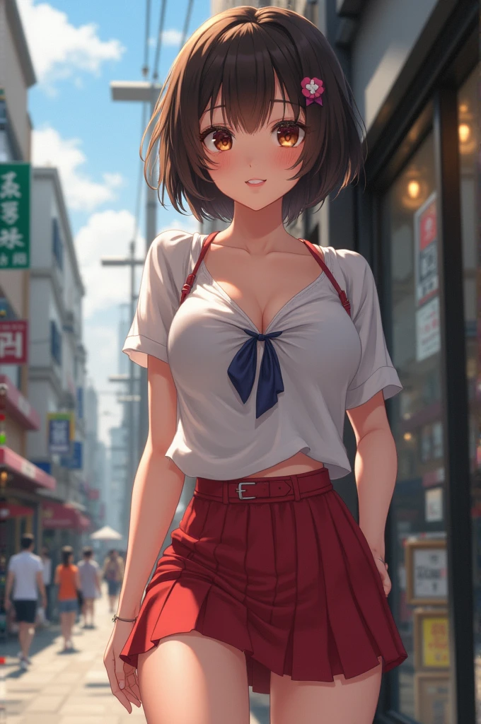 anegasaki nene、Shiny brown hair, short hair, (Beautiful brown eyes、Sparkling eyes, Fine grain)、smile、Ultra-detailed eyes、Very detailedな顔, Very detailedな目,
nsfw,
Highest quality, 、Ultra mini skirt、Beautiful thighs、Beautiful belly button、Beautiful Faces、beautiful cameltoe、 One Girl, solo, short hair, Mid-chest, Cowboy Shot, street, White nipple crop knit, sunset,
(Highest quality:1.5),(Very detailed:1.5),(High resolution:1.5)、