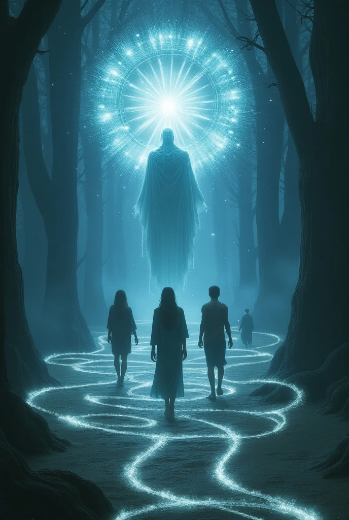 A sacred grove within the forest, illuminated by the soft, silvery light of a full moon. The newborn, wrapped in a simple white cloth, is held aloft by the village elder, who stands before an ancient, twisted tree that seems to glow with a faint, inner light. The villagers stand in a circle around them, their faces filled with reverence and awe. The air is thick with the scent of earth and leaves, and the scene exudes a sense of sacred ritual and deep connection to the forest.