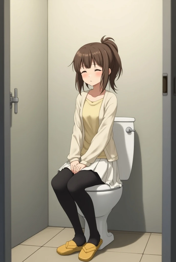 Chii, 1girl in, Solo, Brown hair, Parted bangs, Forehead, Brown eyes, blush, Volumetric lighting, Bangs, two side up, Pink eyes, Cute smile,Black hair, Medium Hair, Thought-provoking sexy eyes, Beautiful plump lips, (Perfect ??????)，?????，Infant body type，Small body，cute crack，tiny chest, Small，small tits，Exposure, Dolly Lip, Glossy lips, (Highest Quality, Amazing details:1.3), (Solo:1.3), masutepiece, (extremely detailed 8k CG), Decora, Scrunchie, While sitting on the toilet and peeing，，close up, Leaning forward，Wide legs open，Open legs， Looking at Viewer, Theme with urine stains on the white crotch area,There is a urine stain on the ?????? of the panties.， Dynamic Angle, ((presenting Panties)), Panties, face to the viewer, grin, evil holding Panties,white panty, showing butt, while urinating，Butt sitting
