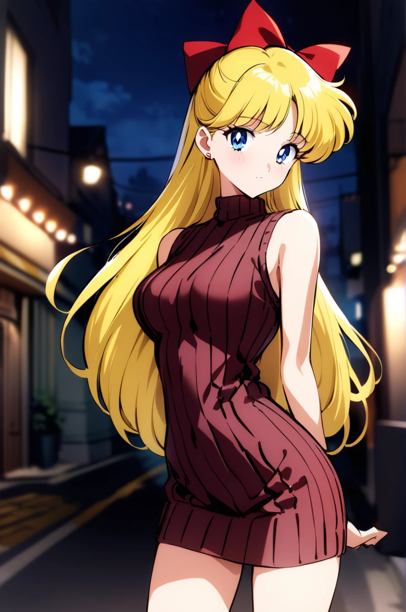 masterpiece, best quality, very aesthetic, absurdres, aavenus, long hair, blonde hair, hair bow, blue eyes, earrings, ribbed sweater, sweater dress, sleeveless, turtleneck, night, street, standing, cowboy shot,