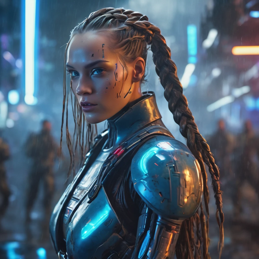 1girl, long braided hair, battle cyber droid, looking at viewer, bloody space battle, in space, blue lasers, shooting at enemy, detailed eyes, detailed lips, extremely detailed face, cinematic lighting, dramatic atmosphere, vibrant colors, sci-fi, concept art, photorealistic, 8k, ultra-detailed