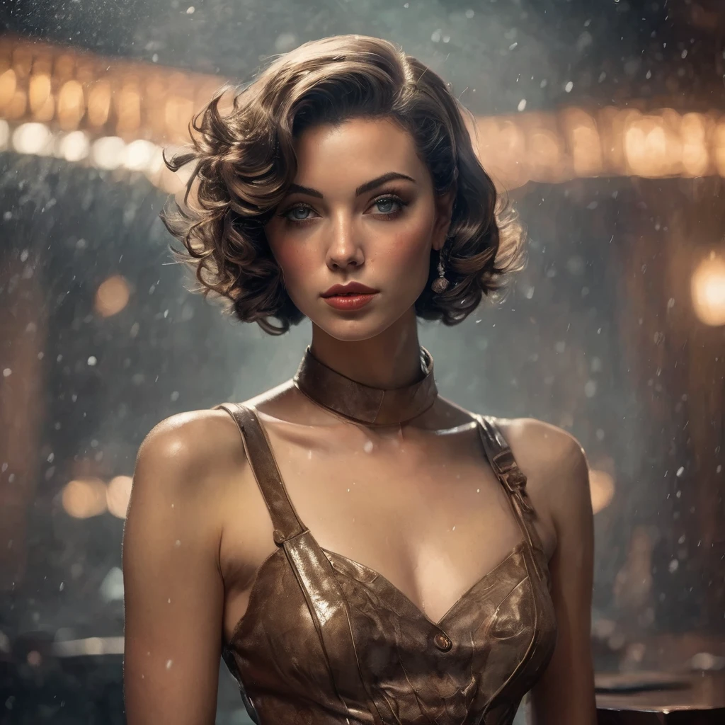 professional photoshoot, of a beautiful young supermodel woman, lean body, bob hair cut, detailed face, (closeup:1.2), gorgeous, undercover agent, (wearing a retro dress:-0.3), city street, (1940s style:1.2), snowy, retro style, aesthetic, night, dim light, retro lighting, gangster, inside a nightclub, smoky foggy background,