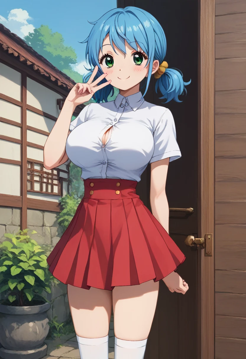 score_9, score_8_up, score_7_up, source_anime, best quality, clear face,shool skinny Nami-girl, bright blue hair, green eyes, medium hair, large breasts, perfect body, standing, looking at viewer,smile cute ,watered eyes, china d, indoor, w,blushing,embrassed,cute boob, p,mini red skirt,plain white shirt,p with hand at side,kyah,cute,Short Twintails,extremely short-small skirt,white socks,dimple design,striped panties,boob window,exposed boob