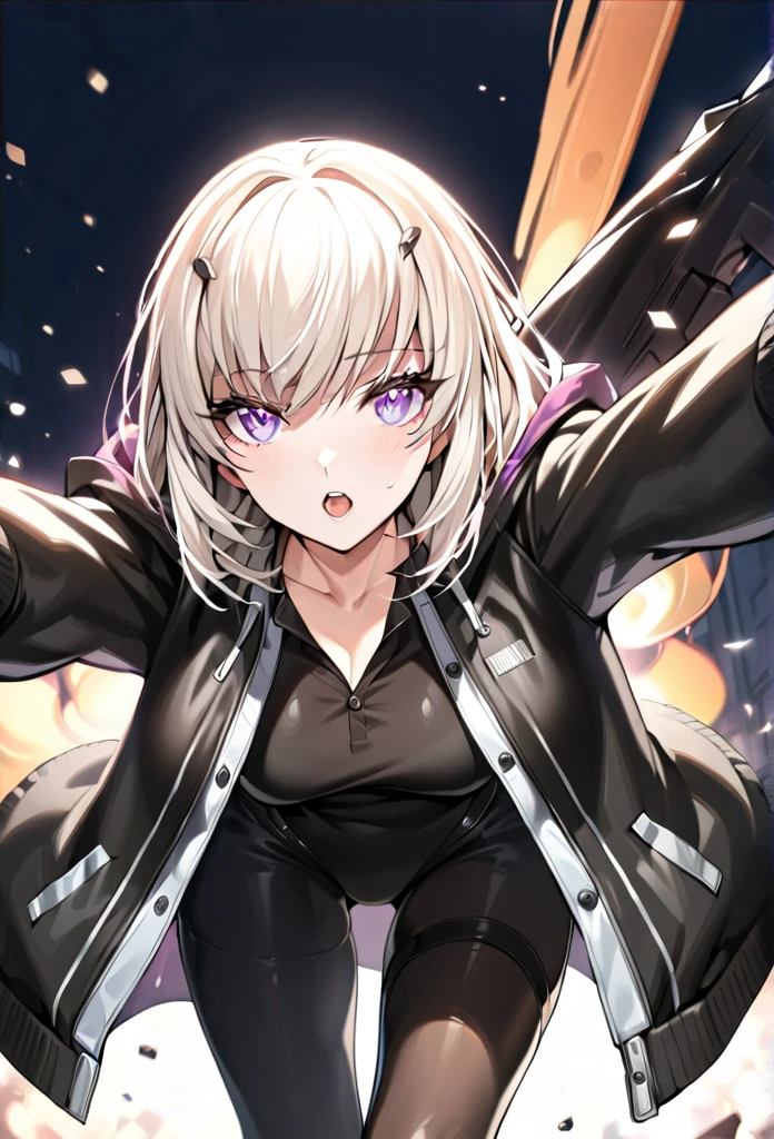 absurdres, exquisite, blonde hair,short hair,hood,naked hood, jacket, ((body suit)), black clothes, black wear, weapon,(((purple eyes))), masterpiece, (((clear eyes, light eyes))), breasts, gleaming skin, oil skin, shiny skin, black pantyhose, black tights, High quality, hyper detailed, high detail, shiny eyes, (((beautiful eyes))), (((detailed eyes))), (((beautiful face))), (((detailed face))), 1girl, solo, Expressive and Captivating Eyes, long shot, wide shot,  (((open jacket))), (((open collar))), reaching arms forward,close mouth, 