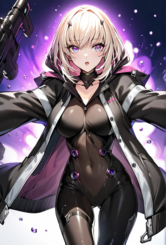 absurdres, exquisite, blonde hair,short hair,hood,naked hood, jacket, ((body suit)), black clothes, black wear, weapon,(((purple eyes))), masterpiece, (((clear eyes, light eyes))), breasts, gleaming skin, oil skin, shiny skin, black pantyhose, black tights, High quality, hyper detailed, high detail, shiny eyes, (((beautiful eyes))), (((detailed eyes))), (((beautiful face))), (((detailed face))), 1girl, solo, Expressive and Captivating Eyes, long shot, wide shot,  (((open jacket))), (((open collar))), reaching arms forward,close mouth, 