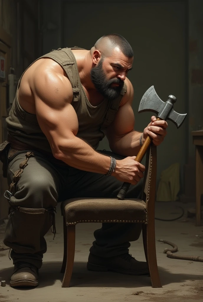 A handsome,Orc with abs tied to a chair,Shoes taken off,Revealing two big bare feet,Both feet are locked in the foot,Five toes tied with rope in foot,The hands were tied tightly to the wooden board.,His upper body was stripped,Wearing only a pair of trousers,Being tickled by a robot man,His armpits were constantly tickled by feathers.,The soles of his feet were being scratched by two brushes.,At the same time, two dogs were licking the bottom of his feet.。The toes are also tickled by many tentacles growing from the foot.。The abdomen is being tickled by a robotic arm,And he laughed,Struggling hysterically,Swinging his two feet,I want to escape from this nightmare.,But can only endure the punishment of being tickled。*(Have an expression of laughing like being tickled,The soles of your feet should face the screen)