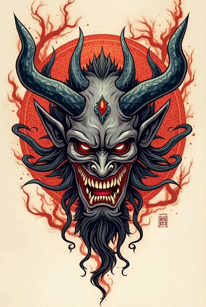 A male Japanese Ori mask,which resembles the devil,in style a tattoos . Nose longer without beard

