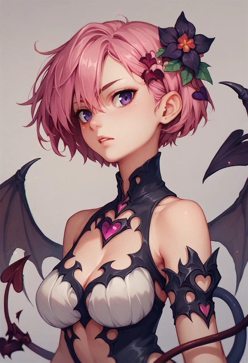 naked girl. succubus tattoo. spread legs. top view. pink hair. short hair. thin body. smile. open mouth.