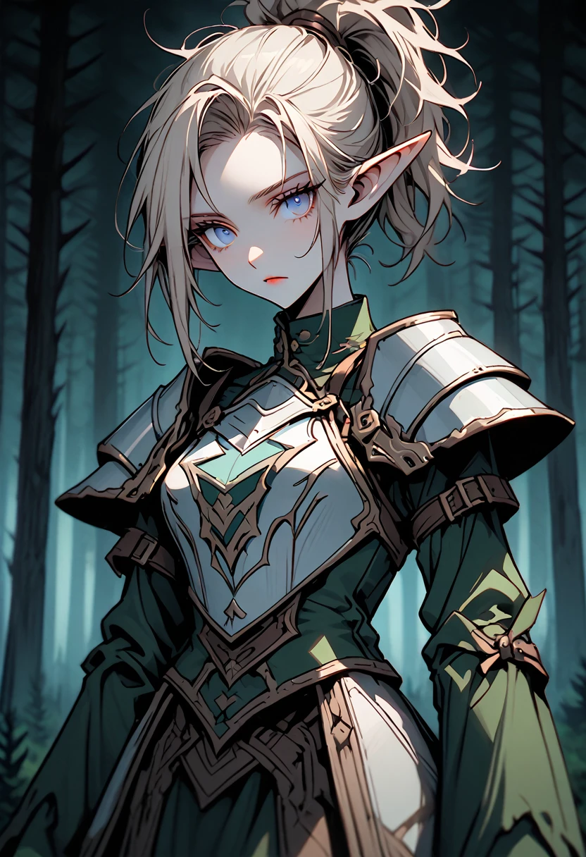 solo, female, close up, cowboy shot, tall female, messy hair, buzz cut, spiky hair, swept back hair, platinum blonde, pointed ears, dandere, long neck, slender, light blue eyes, simple armor, long arms, cold, sparse pine forest, contemplative, looking at viewer, looking down, traveling, victorian era:0.3, chest plate, traveler, spear, equipment, elf girl, small ponytail