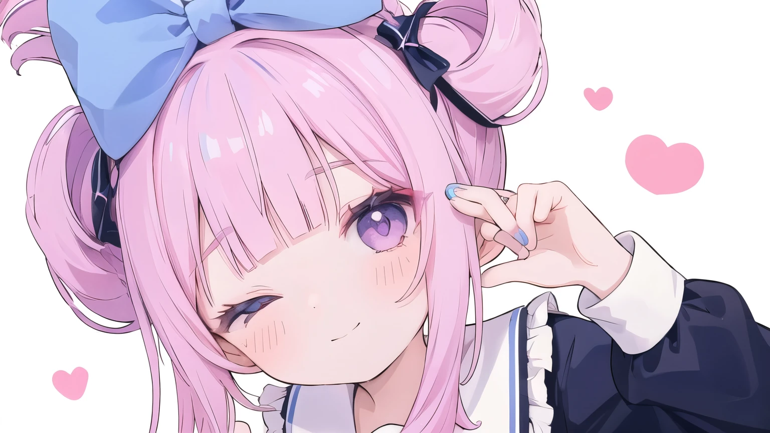 Fold the twin tails, 1 girl, virtual YouTuber,Alone, Close one eye,Multicolored Hair,bow,smile,heart,hair bow, purple eyes, blue hair , braid,v, White Background, upper body,bangs, Staring at Viewers ,Blue Nail, sailor color, Long Sleeve , simple background,blue bow,,nail polish, Purple Hair,Hair ring,Alternative Hairstyles,blunt bangs,Closed Mouth,frills,Streaky Hair, Pink Hair,shirt,Long Hair,;), side lock,white shirt,