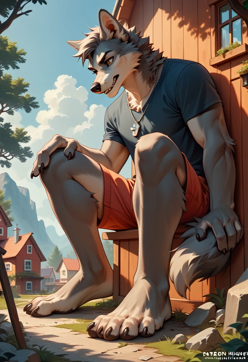 Sexy wolf , grey fur wearing shorts and necklace (macro in miniature house ) skinny body slim body feet focus 