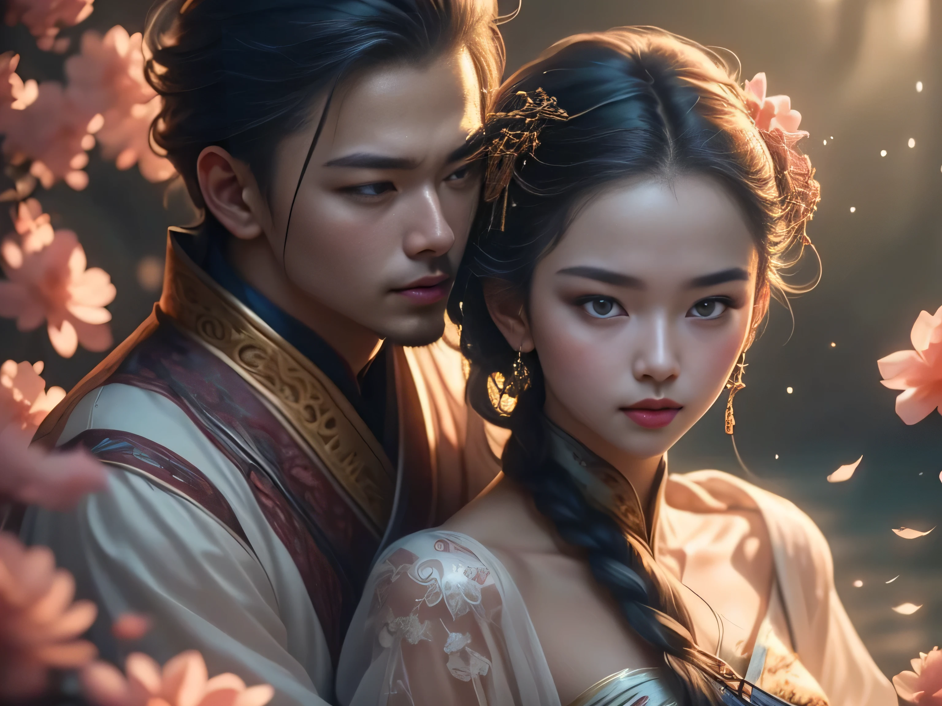 (Best Quality, Super Detail, Masterpiece, Representative Work, Official Art, Professional, Super Fine Detail, 8k:1.3), (photorealism:1.2), (Couple, Beautiful Girl and Boy), A couple in the sea of flowers, Handsome guy hugs beautiful girl from behind, Smiling and Wearing White Clothes, Delicate Hair, Chinese Beauty and Handsome Man, Wearing Ancient Chinese Clothes, Flowing Tulle, Light Silk, Create a movie poster similar to those used in Chinese romantic fantasy dramas, Correct proportions, Perfect face, perfect hands, Sweet atmosphere, Photorealistic, Sharp Focus, Dreamy Atmosphere, Delicate Details, Soft Volumetric Light, (Backlight:1.3), (Cinematic:1.2), Intricate Details, (ArtStation:1.3)