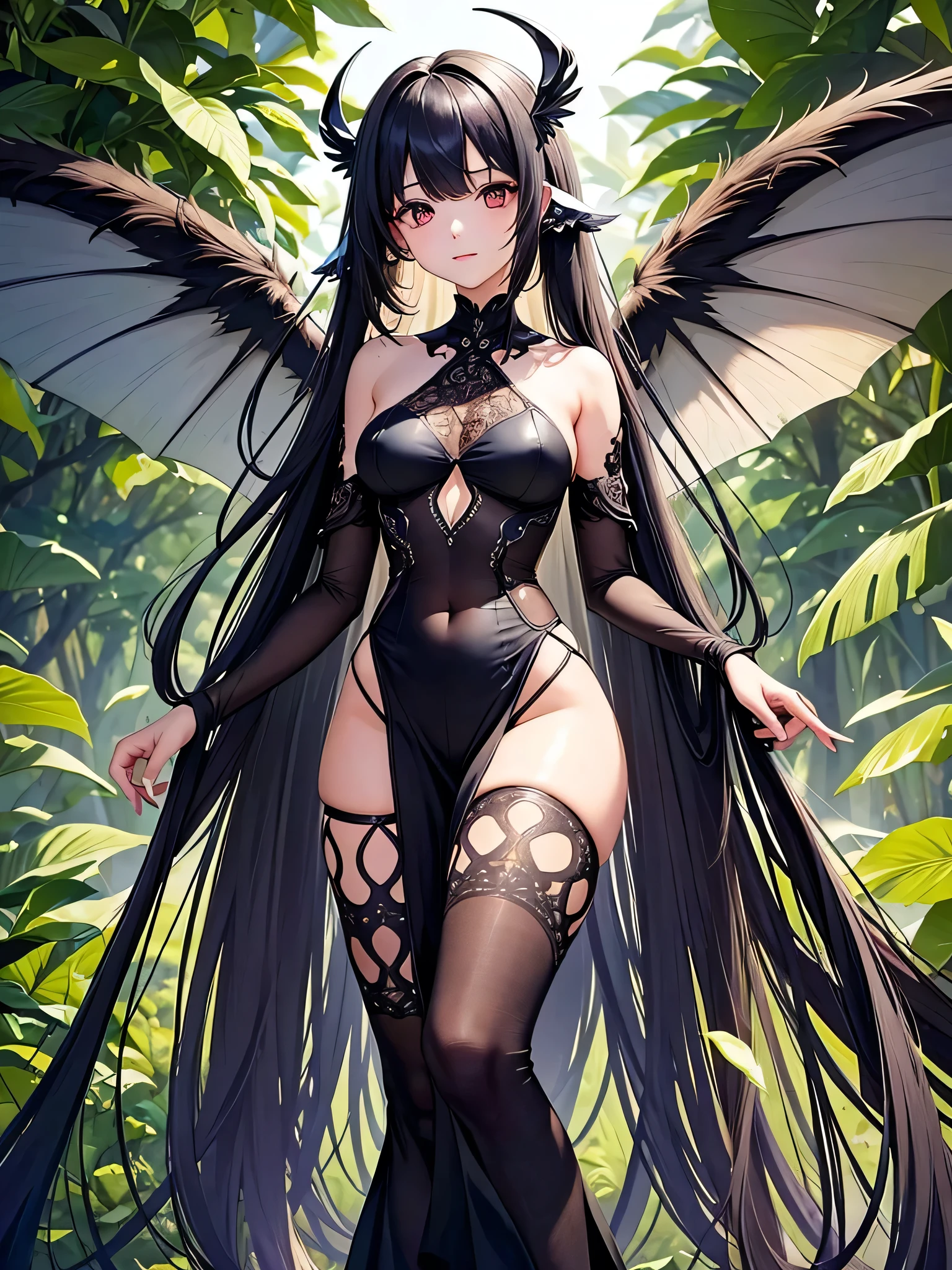 Long black hair, wing-shaped hair accessories, black dress, height 180cm, extremely small breasts, black-winged angel