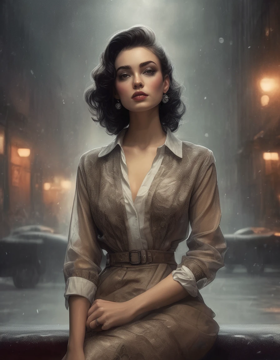 a beautiful young supermodel woman, lean body, bob hair cut, detailed face, (closeup:1.2), gorgeous, undercover agent, (wearing a retro dress:-0.3), city street, (1940s style:1.2), snowy, retro style, aesthetic, night, dim light, retro lighting, gangster, inside a nightclub, smoky foggy background