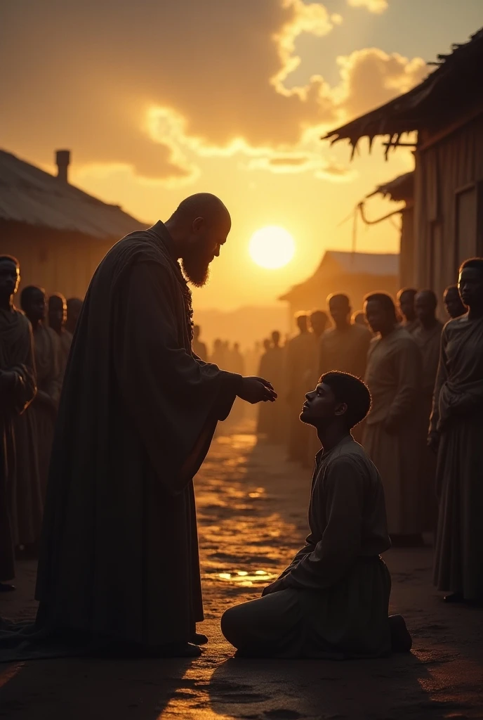Dark-skinned man with black hair hugging a slightly dark-skinned man, almost like son and father, the background scenery and a huge audience, make expressive and beautiful art, a masterpiece