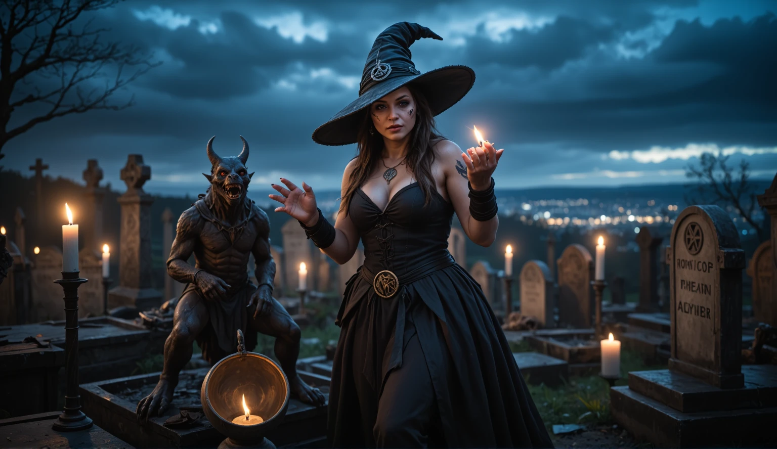 A bewitching scene unfolds: a female wizard, adorned with intricate Wiccan makeup, stands amidst a cemetery's crumbling headstones. Candles flicker, casting sharp shadows on the grave markers as moonlight casts an eerie glow. The air is thick with ethereal mist, and in the distance, the horizon stretches, a gradient of darkness punctuated by a distant cityscape's twinkling lights. DEVIL SPAWN, a snarling beast, rears up, its twisted form illuminated by the wizard's spellbound hands. Shot framed from a low angle, capturing the wizard's powerful stance and the beast's malevolent intensity. Nighttime cinematography at its finest, with photorealistic detail, UHD quality, and a cinematic flair that would earn an award for visual mastery.