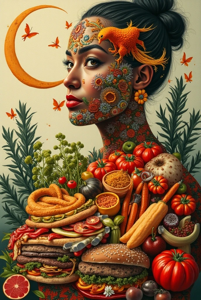 A stunningly detailed and realistic depiction of a young woman, approximately 19 years of age, who appears to be a masterpiece of erotic artistry. She is laid out on a clean, gleaming baking sheet, her body a canvas of perfection. Her skin is slim yet voluptuous in all the right places, with ample breasts that seem to defy gravity, and a perfectly toned stomach leading down to her hips. A light sheen of cooking oil glistens across her pores, giving her an alluring and tantalizing appearance as if she's been freshly prepared for some sensual feast. The woman's wrists are bound together above her head with a soft, yet secure knot, while her ankles are tied in a similar fashion, creating a delightful arch in her back that emphasizes the curve of her spine. Her feet are adorned with fluffy turkey booties, adding a playful and kinky twist to the scene. A vibrant carrot is plugged snugly into her vagina, symbolizing a carnivorous craving that is both surprising and arousing. An apple, seemingly picked from the tree of temptation itself, fills her mouth, serving as a gag that accentuates her horny expression, which is a delicate balance of pleasure and restraint. Her eyes are slightly glazed over, revealing a mix of desire and submission. The atmosphere is warm and inviting, with soft lighting that casts a pleasent glow across her form, making the scene as much about the art of seduction as it is about the act itself. Her hands are placed gently on her tummy, fingers curling slightly as if beckoning the viewer closer. The composition is a celebration of the human form, with every detail meticulously rendered to showcase the beauty and vulnerability of this bound beauty.