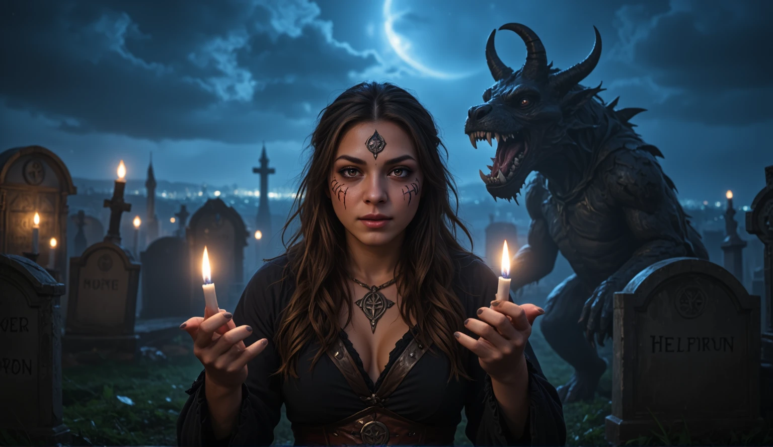 A bewitching scene unfolds: a female wizard, adorned with intricate Wiccan makeup, stands amidst a cemetery's crumbling headstones. Candles flicker, casting sharp shadows on the grave markers as moonlight casts an eerie glow. The air is thick with ethereal mist, and in the distance, the horizon stretches, a gradient of darkness punctuated by a distant cityscape's twinkling lights. DEVIL SPAWN, a snarling beast, rears up, its twisted form illuminated by the wizard's spellbound hands. Shot framed from a low angle, capturing the wizard's powerful stance and the beast's malevolent intensity. Nighttime cinematography at its finest, with photorealistic detail, UHD quality, and a cinematic flair that would earn an award for visual mastery.