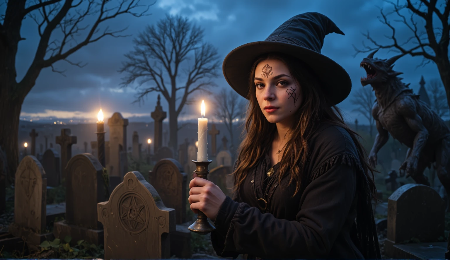 A bewitching scene unfolds: a female wizard, adorned with intricate Wiccan makeup, stands amidst a cemetery's crumbling headstones. Candles flicker, casting sharp shadows on the grave markers as moonlight casts an eerie glow. The air is thick with ethereal mist, and in the distance, the horizon stretches, a gradient of darkness punctuated by a distant cityscape's twinkling lights. DEVIL SPAWN, a snarling beast, rears up, its twisted form illuminated by the wizard's spellbound hands. Shot framed from a low angle, capturing the wizard's powerful stance and the beast's malevolent intensity. Nighttime cinematography at its finest, with photorealistic detail, UHD quality, and a cinematic flair that would earn an award for visual mastery.