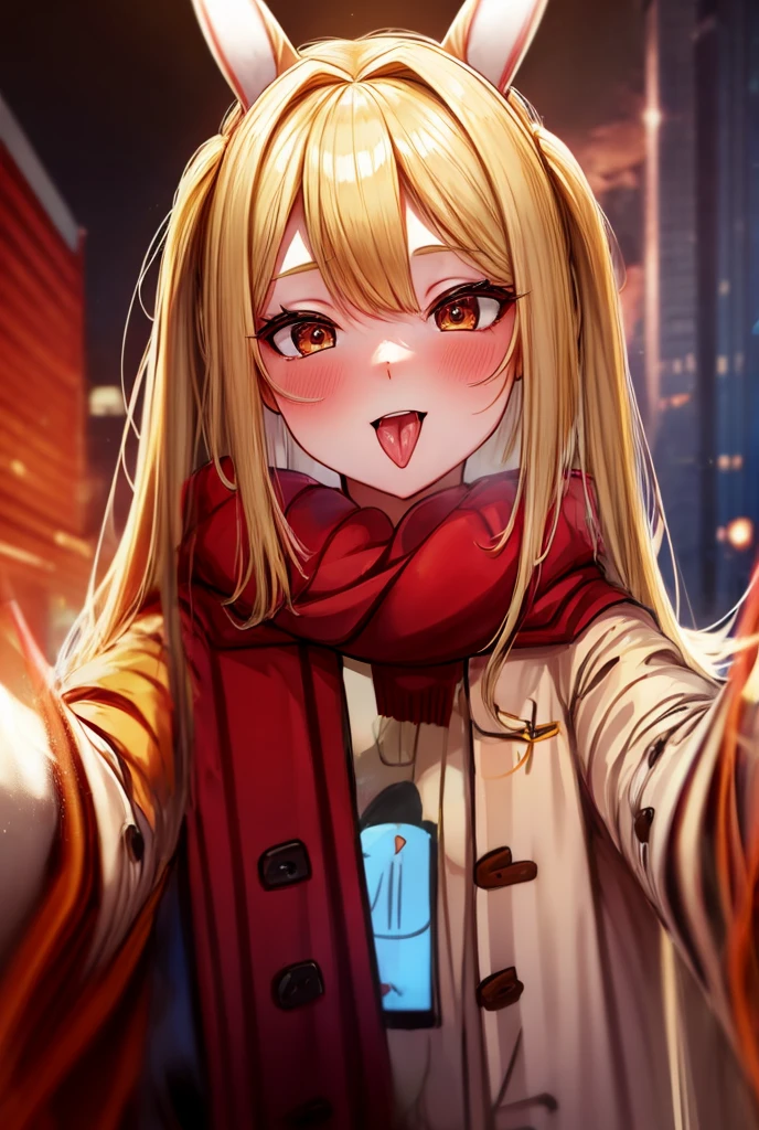 young woman, blonde hair, rabbit cosplay , Stick out your tongue, extremely red cheeks 