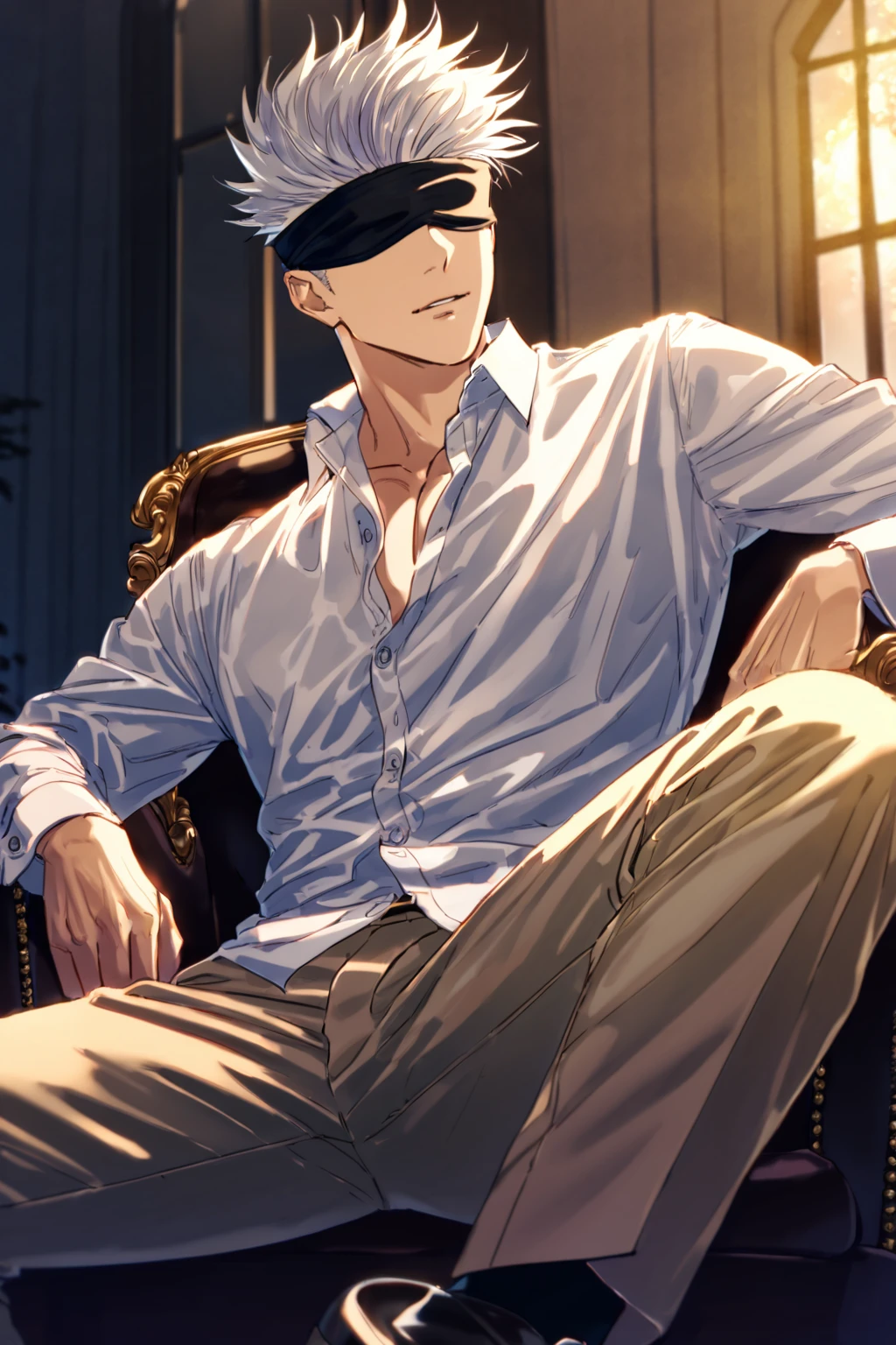 (masterpiece, 8k, best quality:1.3), absurdres, highres, ultra detailed, HDR, (detailed beautiful face and eyes), cowboy shot, sitting, arm on armchair,, 1boy, solo, Gojou Satoru, white hair, short hair, spiky hair, black blindfold, covered eyes, (wearing white shirt, buttoned shirt, beige pants, shoes), handsome, sexy man, sensual, fantasy, night, moon, indoors, window, black theme, (dramatic lighting), Jujutsu Kaisen, (SuperQuality:1.0) ~ (SuperQuality:1.2)