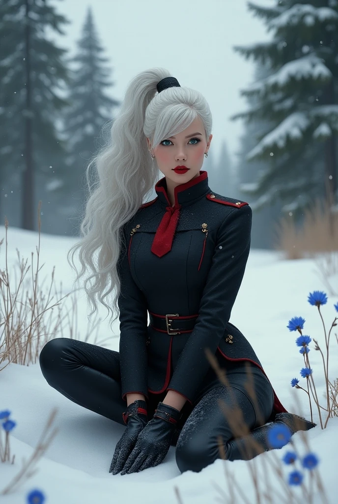  a woman with long, wavy white hair tied in a ponytail , with green eyes,  and a red lipstick wearing a black and red general outfit , She is sitting on the floor .  it's snowing and around there are very large pine trees , There are small bright blue flowers sprouting on the ground 