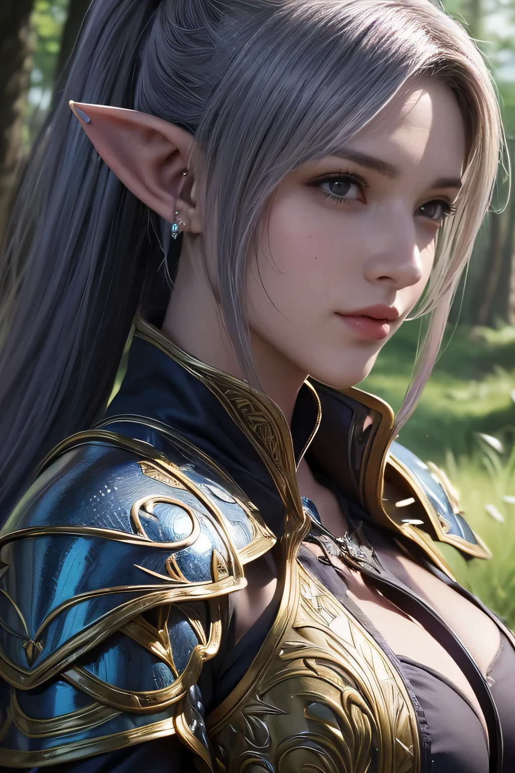 Masterpiece,The best qualities,Very high resolution,8K,((Portrait)),((Head close-up)),Original photo,real photo,digital photography,(Female mercenaries in medieval fantasy works),(The adventurers of the medieval fantasy world),22-year-old girl,(The Purple Eye of the Devil),Devil's Corner,((Pointy ears)),(A fiery ponytail),(Pointy ears),cparted lips,Noble and charming,Elegant and serioave,(Medieval fantasy-style animal skin armor,Buckles,Joint Armor,Cloak,A glowing gem,A delicate pattern),(Big breasts),(Elf Knight),medieval characterantasy style,Mysterious light,forest backgrou,Photo pose,oc render reflection texture