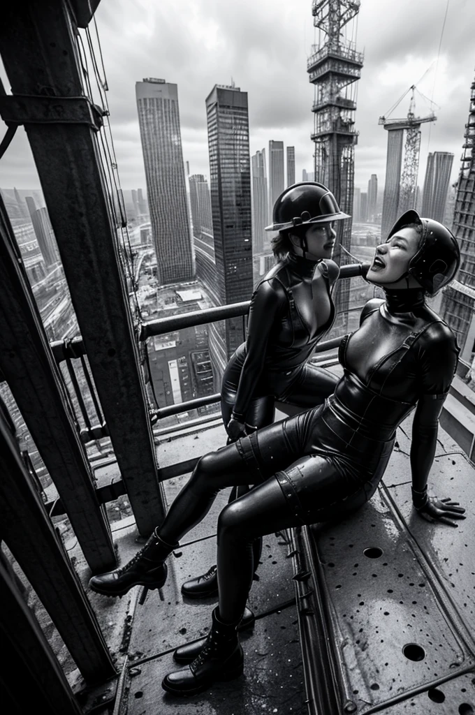 Iconic eroticism, Epic black and white photograph of only (female ironworkers), in black rubber bodysuits, sexy and provocative, luscious, (erotic fetishisation), scaffolders and steel workers sitting on a steel beam high up on a skyscraper building construction, (disrupted advertising), daring and original, irreverence, they’re  enjoying a lunch break, wearing denim dungarees, greasy skin, seductive and erotic photography in the style of Helmet Newton, Ralph Gibson and Eikoh Hosoe, their candid laughter highlights their brave and fearless work ethic, drone aerial photography, black and white film stock, dramatic, surreal juxtaposition,(visual_ambiguity:1.3) emphasise the feeling of vertigo and sheer scale, an epic view, surreal proportions, moody and atmospheric, high contrast, subversive art, set in a 1950s visual aesthetic, visual satire, posed erotica, natural lighting, unusual and Awe inspiring art, unfictio, dystopian anarchism, beautifully decadent , spooky decandence, perfectly symmetrical, rules of third, epic composition 