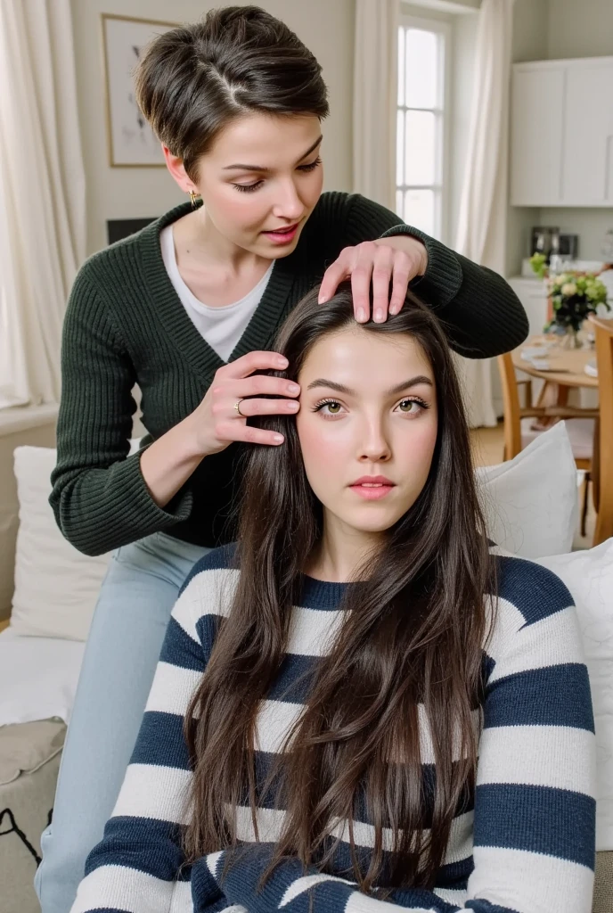 twin sisters, the bald sister using hair clippers shaves the head of the long hair sister, the long hair is half shaved bald.