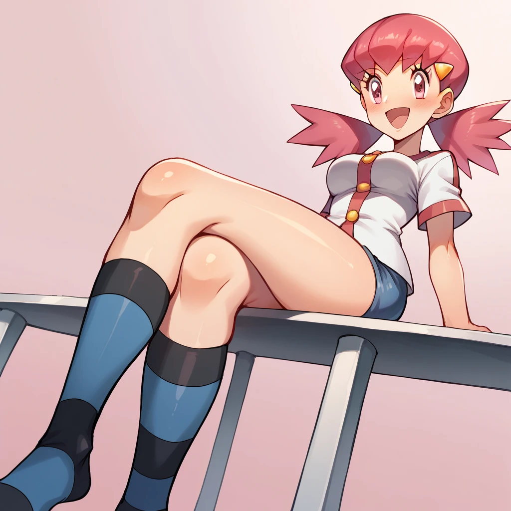 score_9, score_8_up, score_7_up, defwhitney, whitney \(pokemon\), 1girl, arm support, blush, smile, open mouth, breasts, buttons, 3 bottons, crossed legs, eyelashes, hair ornament, hairclip, jacket, long hair, pink eyes, pink hair, short skirt, short sleeves, skirt, denim skirt, sitting, socks, solo, striped clothes, tight skirt, striped socks, twintails, white jacket, tick thighs, oiled thighs, shiny skin, pink background, underwear, white underwear, panties, white panties, perfect crossed legs, perfect legs, perfect thighs, perfect stripes, From Below, Dutch Angle, big thighs, golden beige skin, no shoes, Anime, proportionate legs, moderate lenght, relaxed pose, defined thighs, natural knees, curvy legs, rounded thighs, crossed legs,