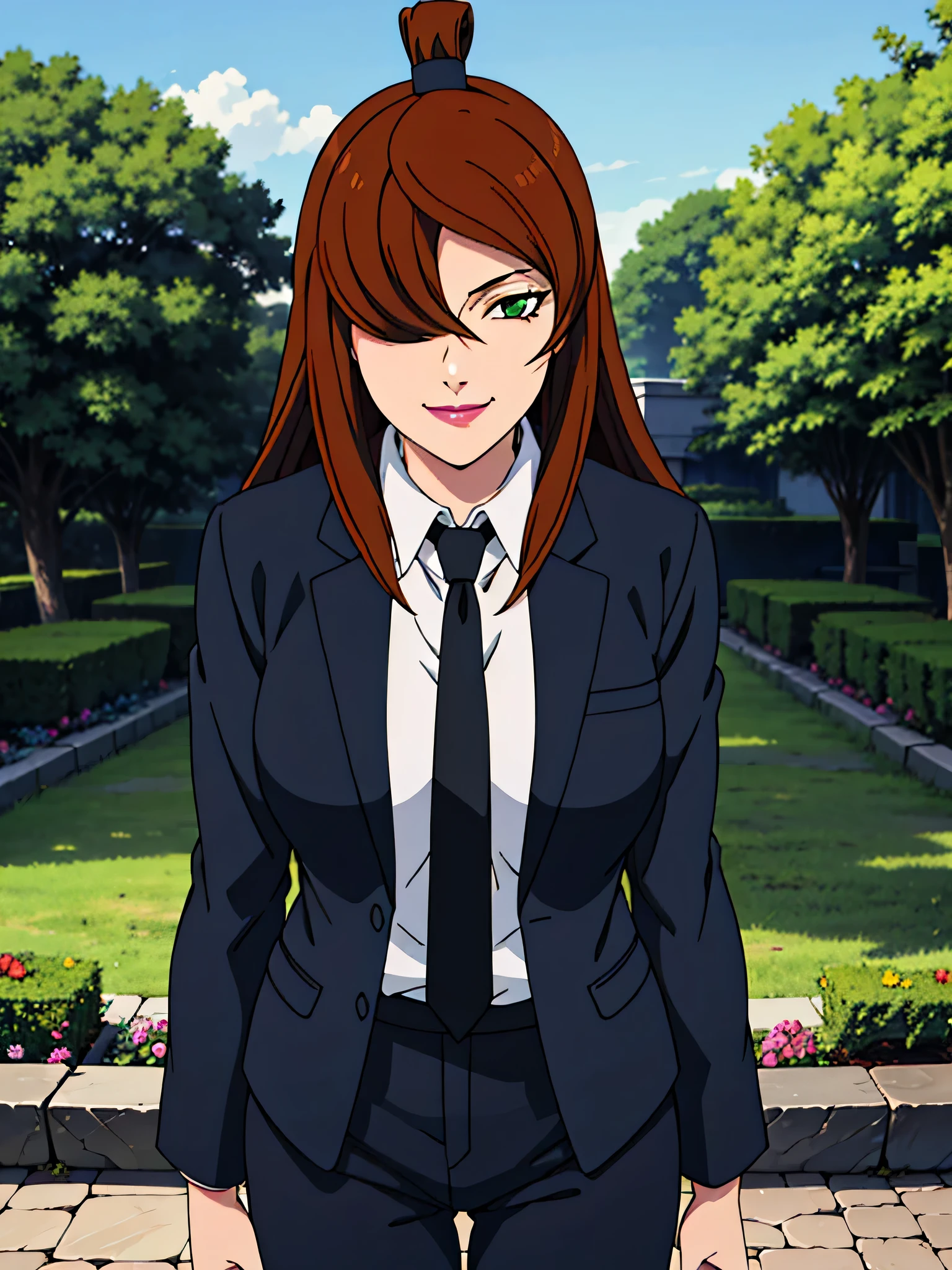 Buisness suit, white shirt, black leather trousers, garden background, Mei Terumi, anime cels style, best quality, high resolution, 1girl, (large breasts:1.2), beautiful face, long hair, brown hair, green eyes, ((hair over one eye)), lipstick, cowboy shot, light smile, white shirt, black necktie, black leather blazer
