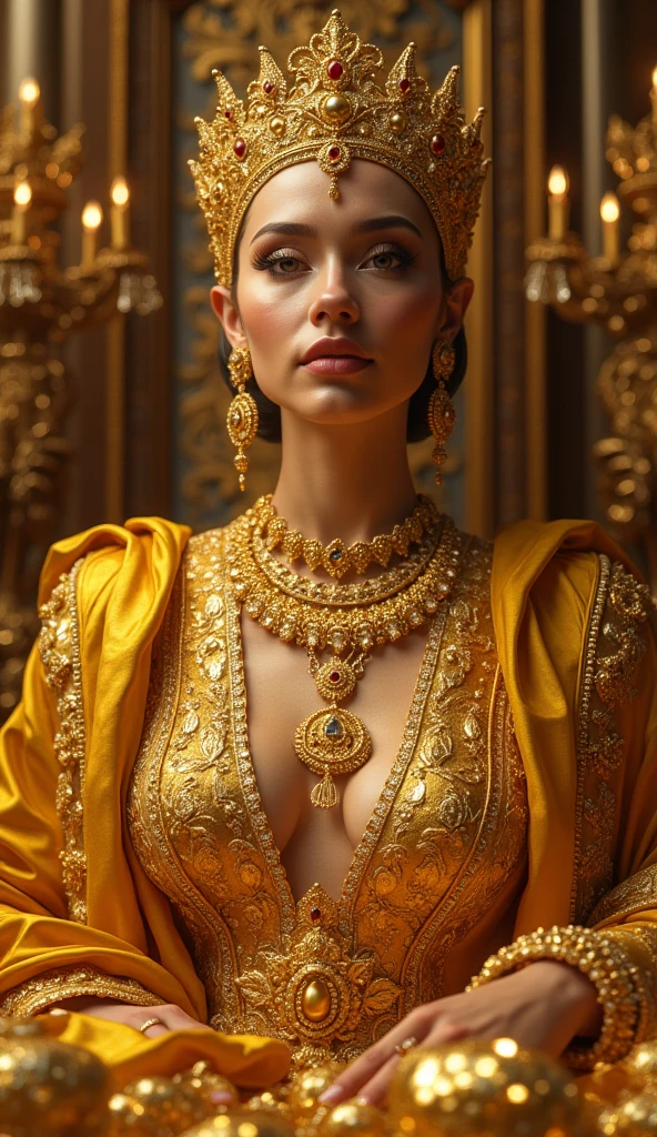 Cleopatra wrapped in golden robes, looking from his throne towards the horizon
