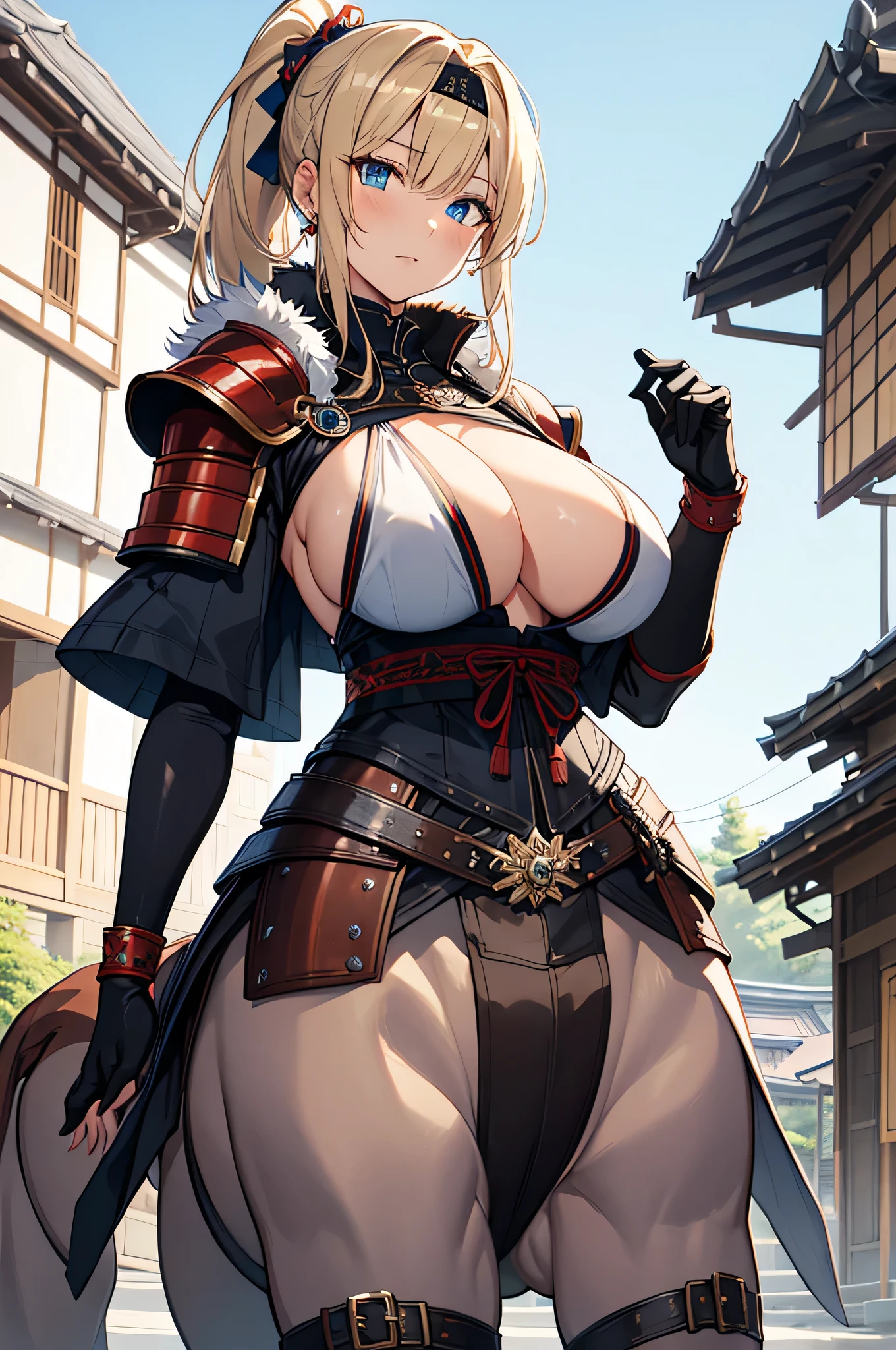 4K, High Resolution ,One Woman,Centaur,Blonde, Long Ponytail ,Blue Eyes, Brown Fur , huge boobs,samurai,White Armor,Sleeveless,Sideboob,Heavy Armor,White Armor Gloves, headband ,Large Japanese sword,Jewelry decoration,Japanese Village