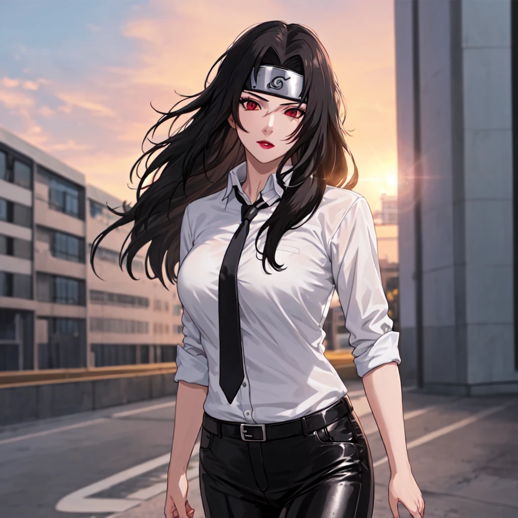 outdoors, lens flare, depth of field, bokeh, vanishing point, solo, looking at viewer,((masterpiece, best quality)), BREAK 
1girl, black hair, forehead protector, long hair, konohagakure symbol, red eyes, headband, makeup, lipstick,buisness suit, black leather pants, white shirt, black necktie