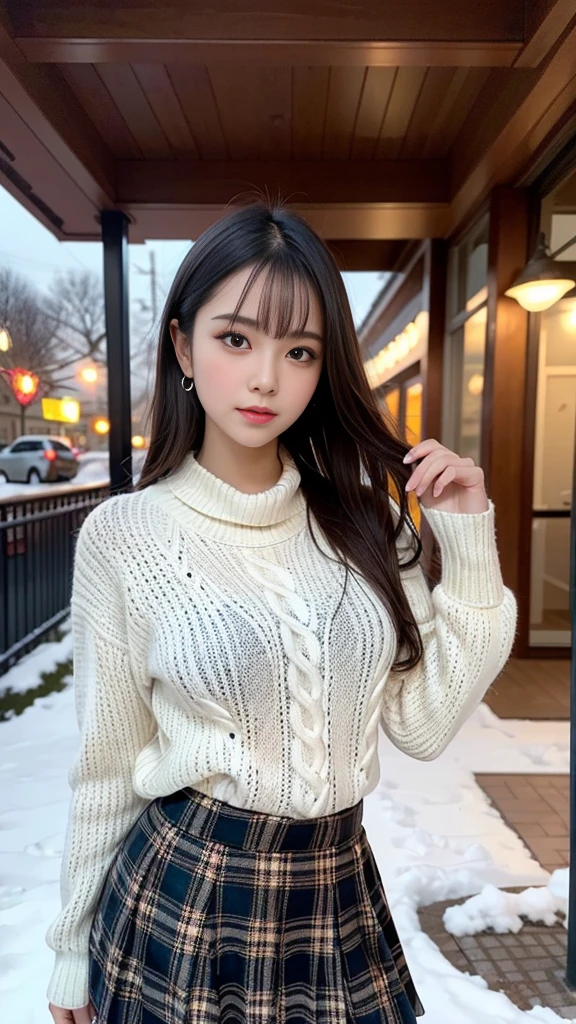 masterpiece,  super high definition, 4K, Best Quality, 1 person, ((whole body)),  beautiful and elaborate face,  beautiful skin with fine texture,  skin texture, high school student, Sparkle in your eyes, Dynamic pose,  straight hair, Gal Makeup, Lob Cut, sweater,  plaid skirt, Winter cityscape,  muffler 