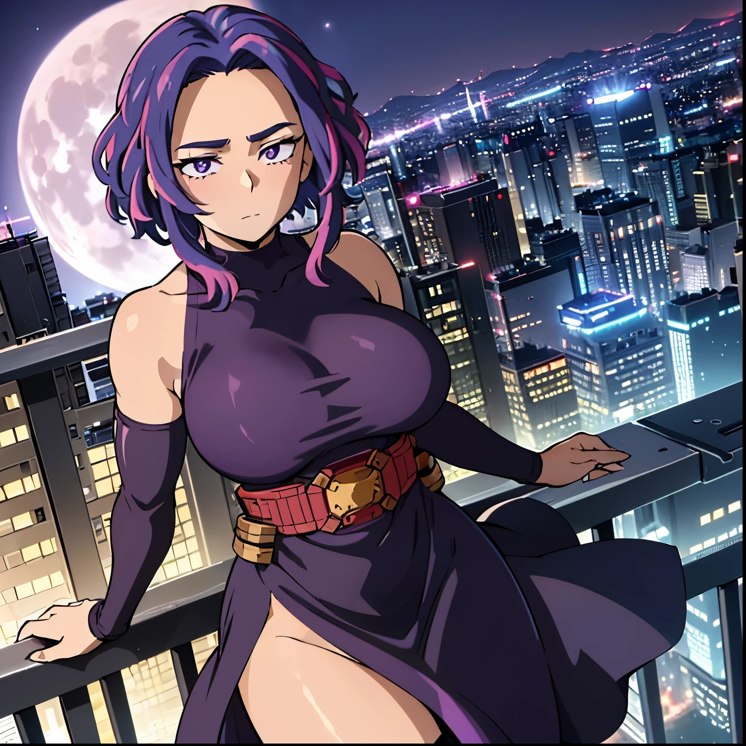 1 girl, alone, lady nagant, (masterpiece, best quality, ultra detailed, beautiful illustration), atmospheric perspective, depth of field, dynamic pose, curvy body, looking at viewer, beautiful detailed eyes, anime eyes, (shot cowboy), sexy body, (outdoor, night, giant moon, tokyo, metropolis), 1 girl, neutral expression, mature woman, (huge breasts, medium waist, wide hips, medium thighs, round butt), Nagant, hair purple, purple eyes, multicolored hair, short hair, sleeveless, hair with highlights, pink hair, medium hair, bare shoulders, two-color hair, ((black dress)), sleeveless, open back, (hands on waist: 1.2 )), slight blush, (standing_arched back: 1.2), (wearing sweater: 1.2), (black stockings: 1.2), thighs, bright pupils, white pupils, bangs, front view, ((focus on ass)), pov(from below), (on top of an apartment:1.5, leaning on a railing:1.5, city view:1.5, city lights:1.5), perfect hands, perfect anatomy,